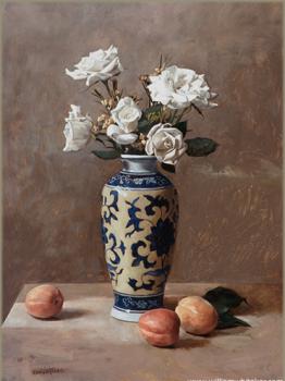 White Roses and Three Apricots